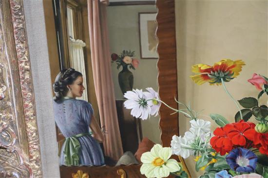 § Albert Williams (1922-2010) Still life of flowers in a brass vase with a lady reflected in a mirror 24 x 20in.